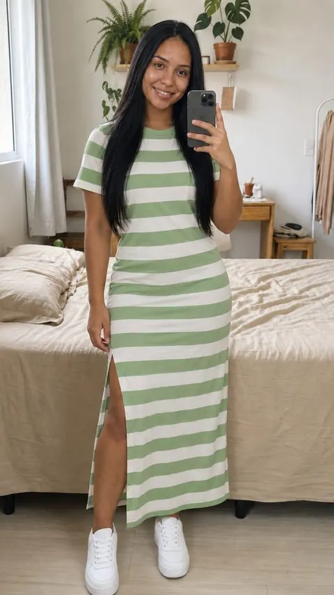 Vestido longo listrado com fenda - foto 1
