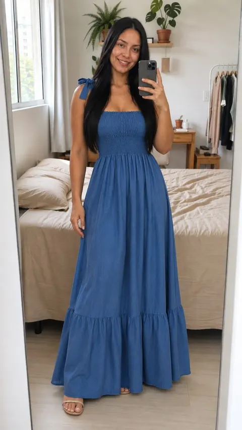 Vestido longo de alças com lastex - foto 1