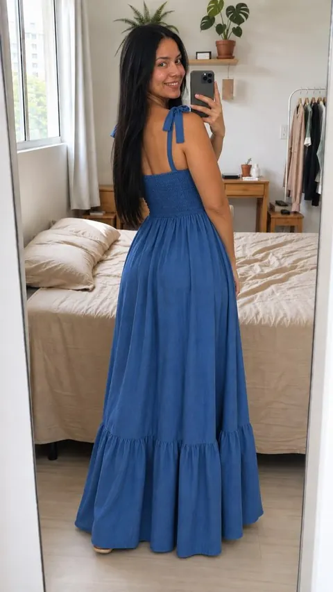 Vestido longo de alças com lastex - foto 2