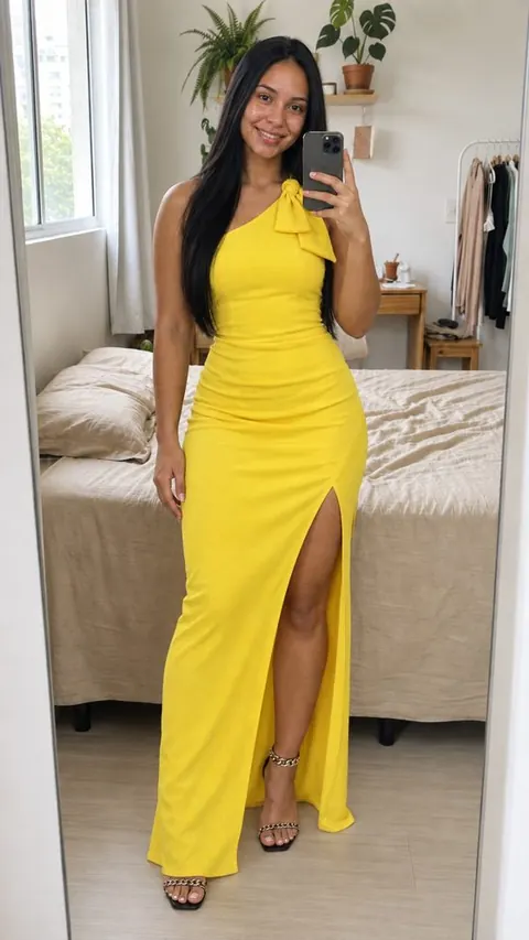 Vestido longo de um ombro com fenda - foto 1