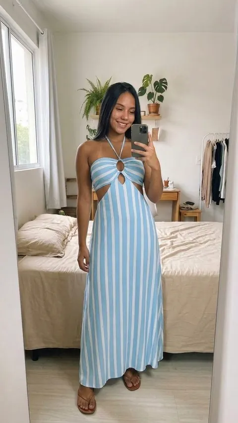 Vestido longo listrado com recorte - foto 1