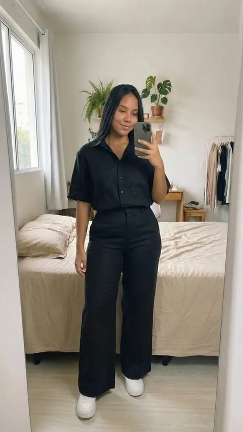 Conjunto calça e blusa de linho preto - foto 1