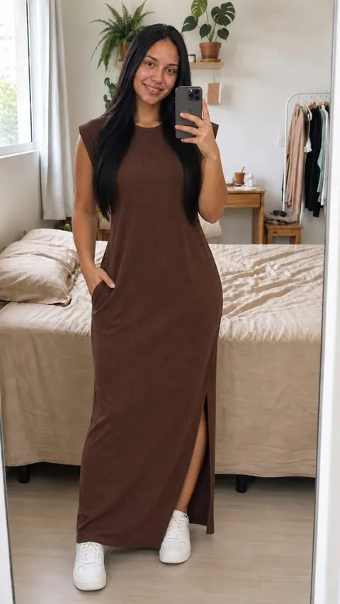 Vestido longo canelado com fenda - foto 1